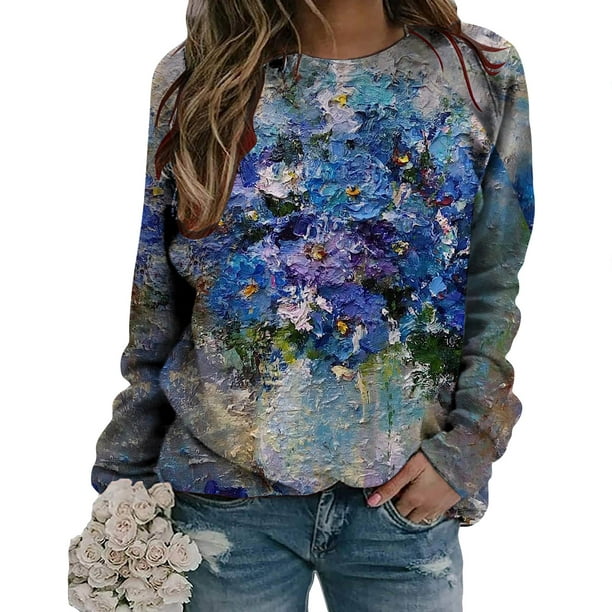 Camisas informales de manga larga para mujer, sudadera de cuello redondo con estampado de flores Vin Walmart en línea