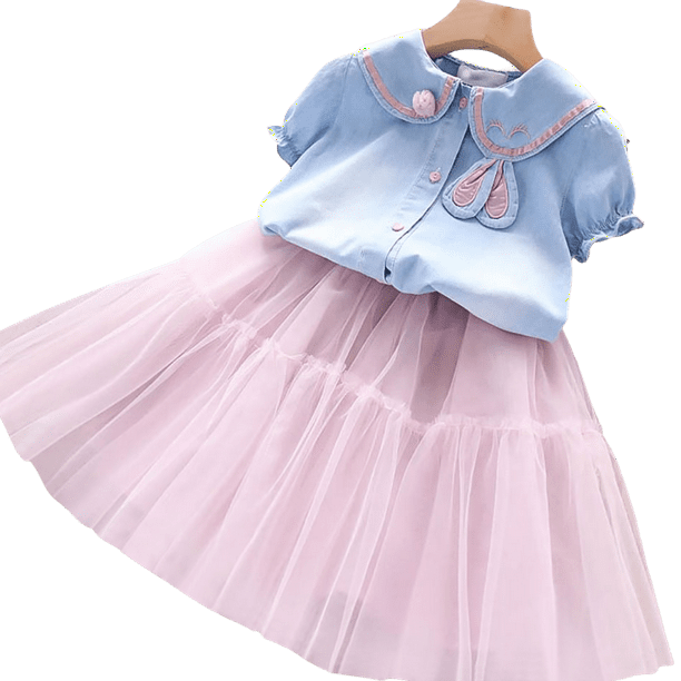 Vestido malla de mezclilla para niñas bebés Vestido de fiesta de primavera verano con cinturón de ropa informal floral para Trajes de moda para niños pequeños 18-24M (Etiqueta