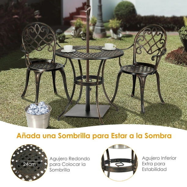 Juego de mesa y silla de 3 piezas para exteriores, jardín/patio, mesa de  centro con 2 sillas, mesa y silla de aluminio impermeable (color negro