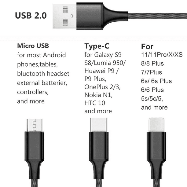 Cargador múltiple cable USB de carga rápida cable 3 en 1 Con conectores  Micro-USB Lightning Tipo C para teléfonos móviles - China Cable tipo C y  tipo C a tipo C precio