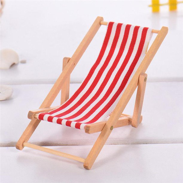 3 piezas 1:12 silla de playa de madera plegable en miniatura, mini silla de  cubierta Longue, mini accesorios de muebles con rayas rojas/azules para