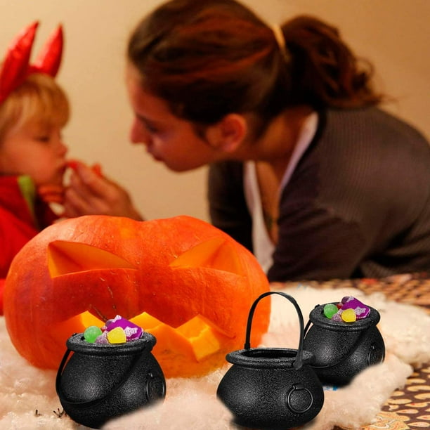 6 unidades de caldero de bruja de Halloween de plástico negro para servir  dulces en soporte, soporte para dulces de caldero de bruja negra para el