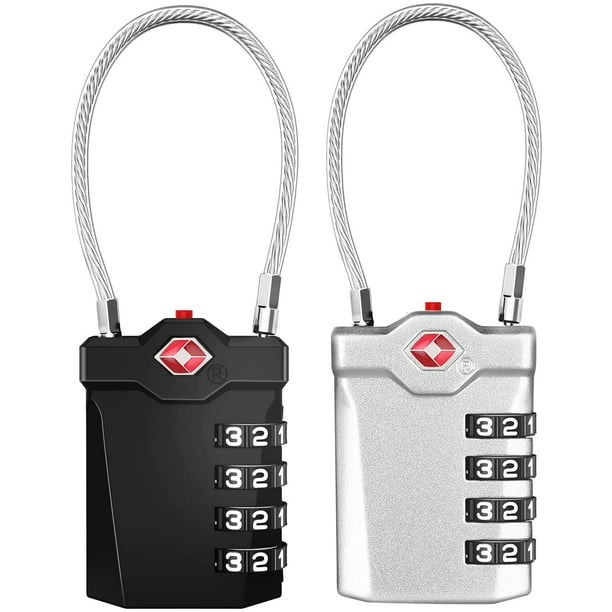 Candados para maletas, candado de combinación TSA de 4 dígitos con alarma  de apertura, candados para equipaje de viaje con cable flexible (2 piezas,  negro y plateado) ER