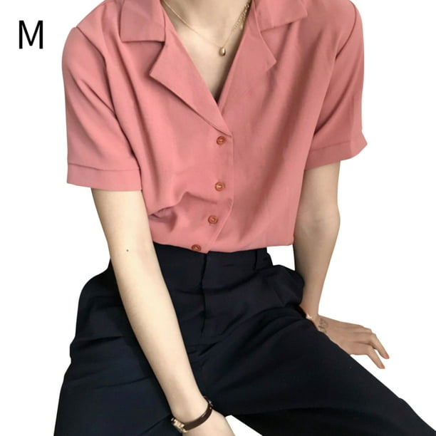  Camiseta básica de manga corta para mujer, estilo casual,  cuello en V, para otoño, verano, 2022, a la moda, con botones, C7, Naranja  : Ropa, Zapatos y Joyería