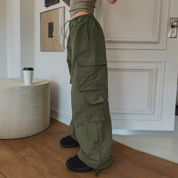  Pantalones cargo verde militar jeans sueltos para mujer, ropa  de calle, pantalones de mezclilla vintage, cintura alta, bolsillo recto,  Negro - : Ropa, Zapatos y Joyería