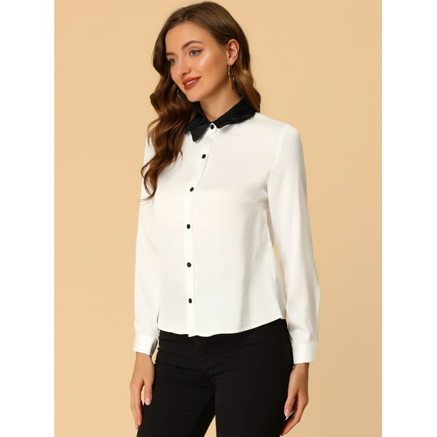 Camisas de oficina para mujer, camisa elegante con cuello de lazo en  contraste, blusas de trabajo de manga larga con botones Blanco L Allegra K  Blusa