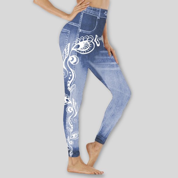 Gibobby Pantalones mujer Pantalones de yoga de mezclilla de imitación con  estampado de levantamiento de glúteos ajustados elásticos de cintura alta  para mujer(Azul， XXL)