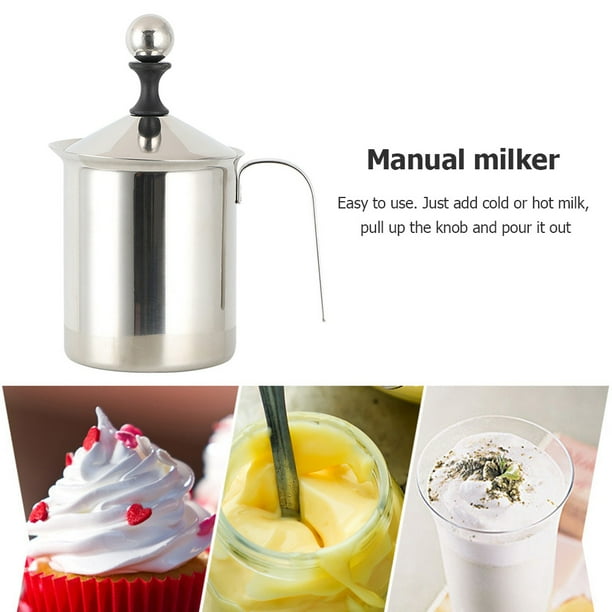 Batería de Cocina Espumador de leche manual de acero inoxidable Espumador  de café de malla doble (400 ml) Likrtyny Libre de BPA