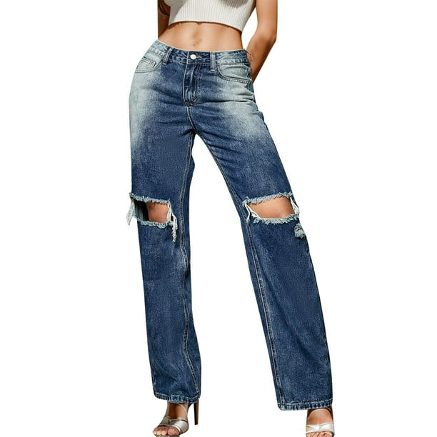  Pantalones para mujer – Jeans rasgados de pierna recta