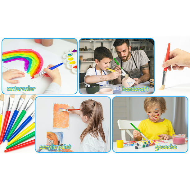 24 pinceles de pintura para niños a granel, coloridos pinceles redondos y  planos para niños, fáciles de limpiar y sujetar, pinceles de pintura para
