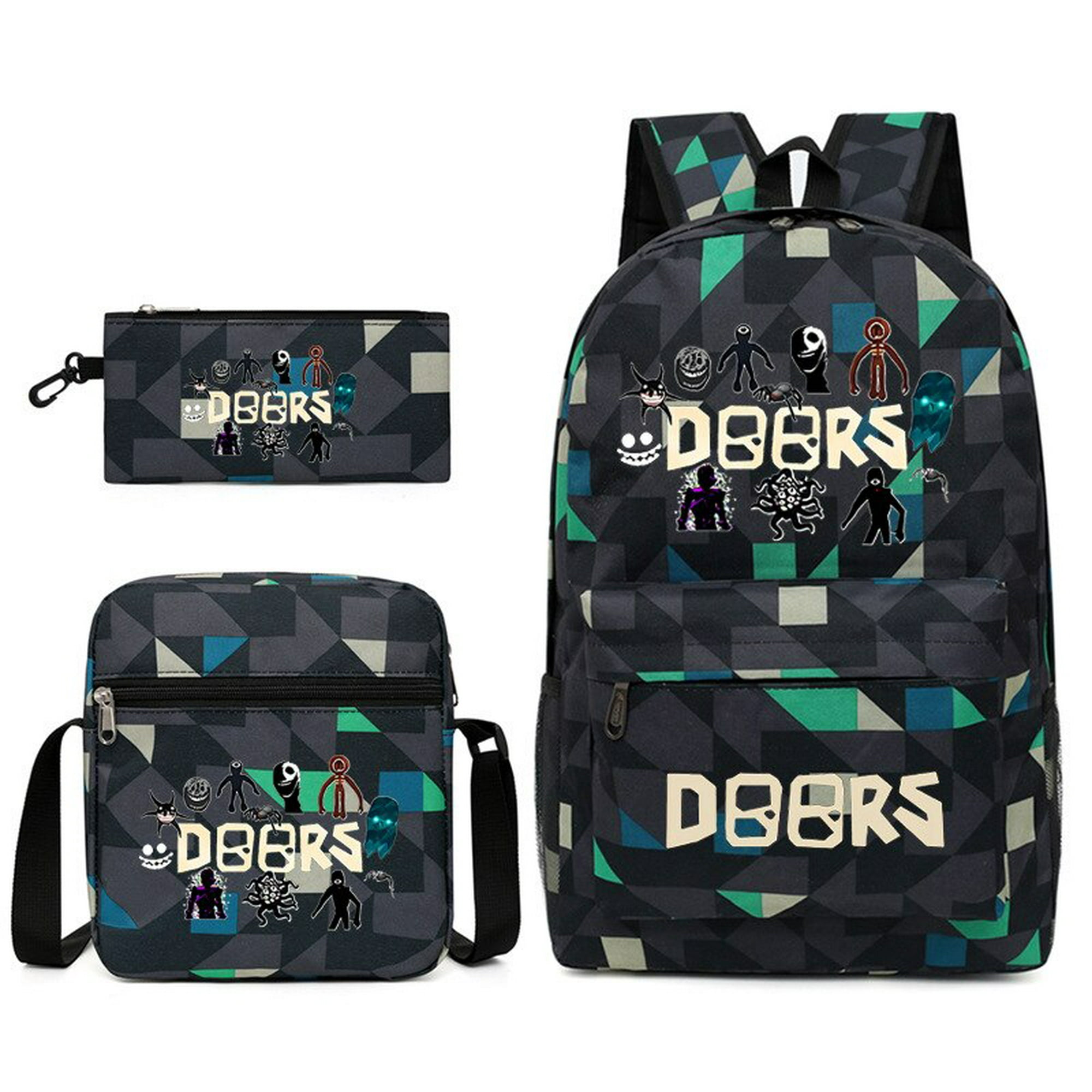 Doors roblox mochila escolar de tres piezas estampada, transpirable, práctica, bolsa de lona de gran capacidad, aligeramiento de hombros con cremallera