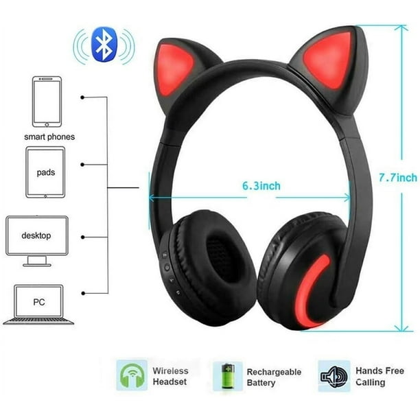 Auriculares inalámbricos Bluetooth de oreja de gato con micrófono, luz LED  intermitente de 7 colores, auriculares estéreo compatibles con teléfonos