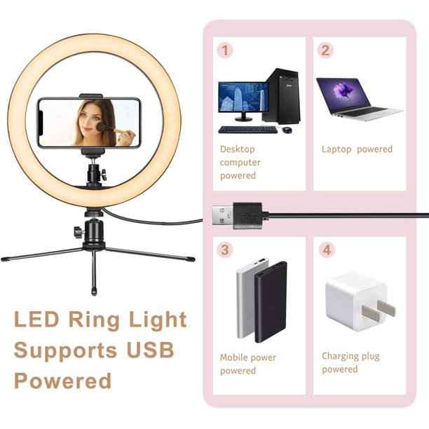 Anillo de luz LED de maquillaje de escritorio regulable de 10 pulgadas con  soporte de trípode y soporte para teléfono para transmisión en vivo y video