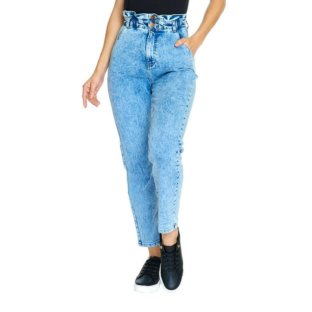 Pantalón Mom Jeans Mujer Fit Mezclilla Stretch Alto Con Resorte Stone gris  13 Incógnita 110096