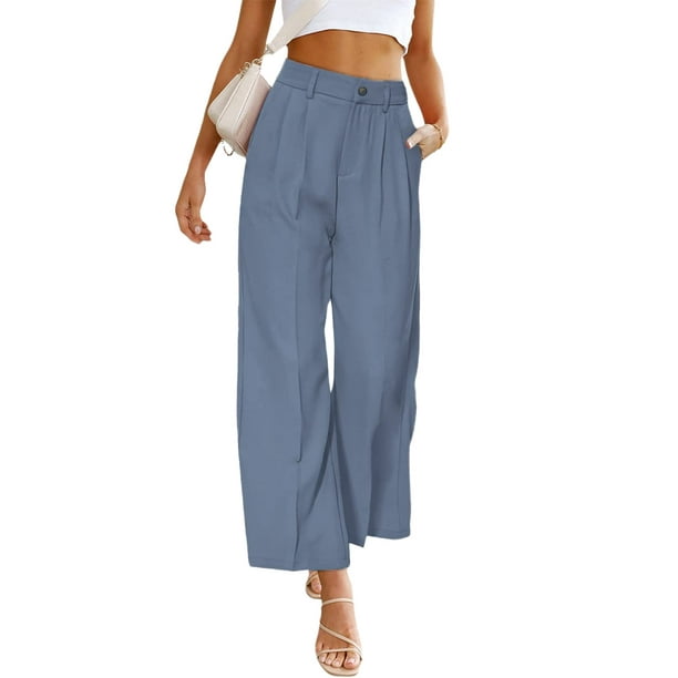 Pantalones de pierna ancha para mujer, pantalones holgados con botones de cintura  alta informales a la moda para primavera y otoño, azul L