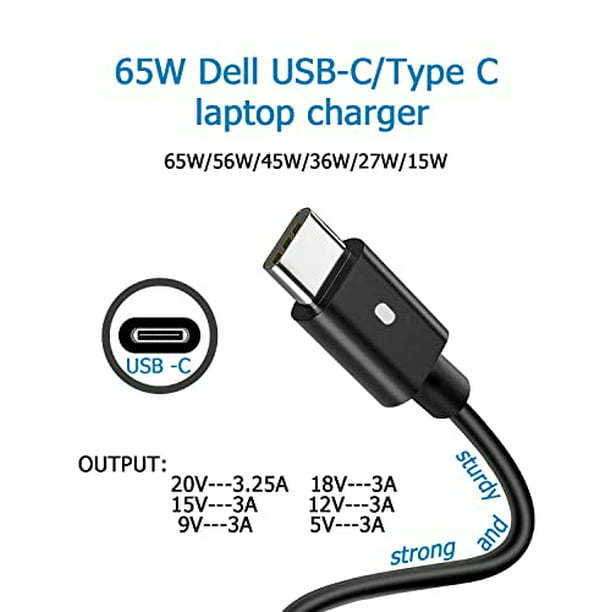 65W 45W USB C Cargador Portátil Tipo C Reemplazo para Dell XPS 13 Carg  Ryaobwu