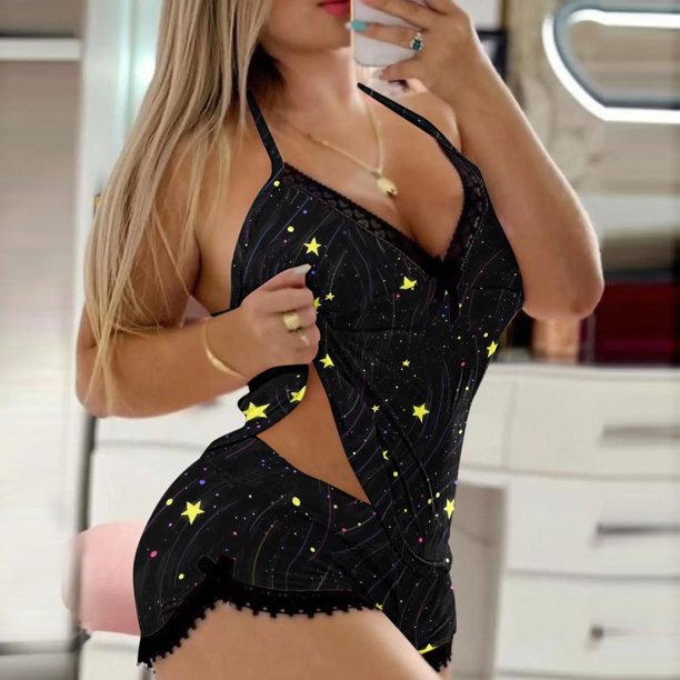 Conjunto de Pijama Sexy de 2 piezas para mujer, pantalones cortos con  cuello en V profundo, traje de encaje, ropa de dormir Sexy