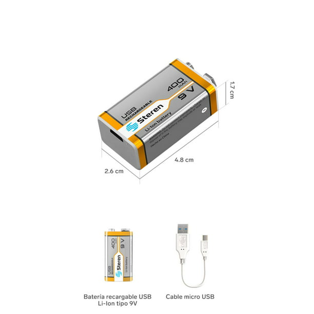Batería recargable USB Li-Ion tipo 9V (cuadrada), de 400 mAh Bat-li-9v Usb  Steren BAT-LI-9V USB