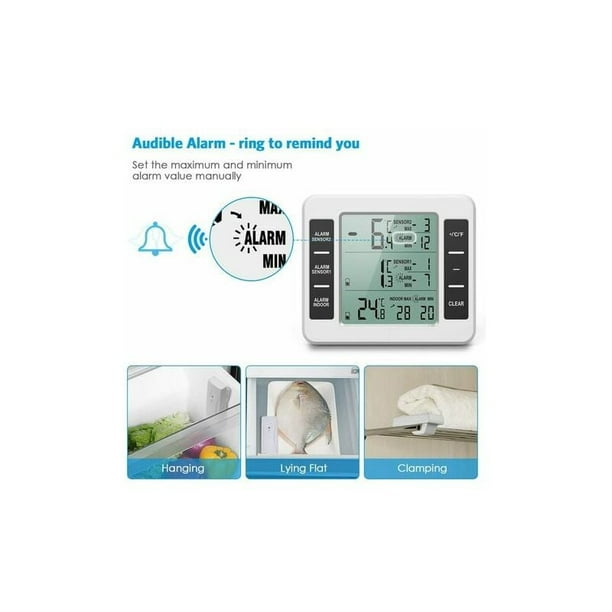 Thermomètre Frigo, Thermometre Réfrigérateur avec Alarme Congélateur,  Thermomètre Intérieur Extérieur Sans Fil avec 2 Capteurs, MIN/MAX et Alarme