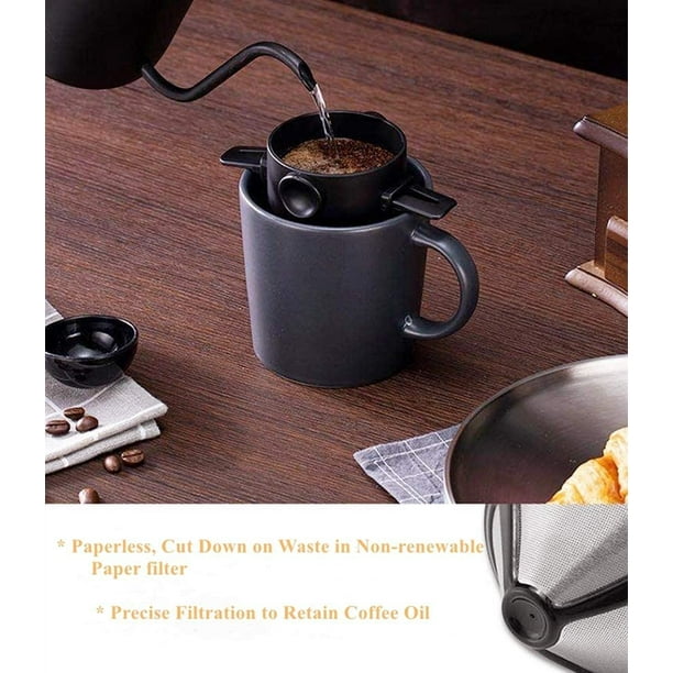 Vierta sobre la cafetera 1-2 tazas, cono de filtro de café de acero  inoxidable reutilizable con cepillo de limpieza para el hogar, la oficina,  los