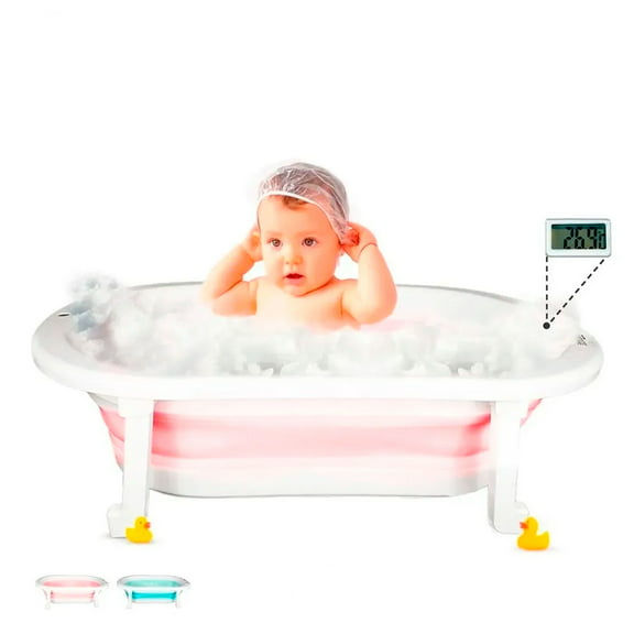 bañera para bebé con protecciones antiderrapantes y termómetro plegable y portátil de color rosa  tina de baño para bebé de viaje baby gaon tina