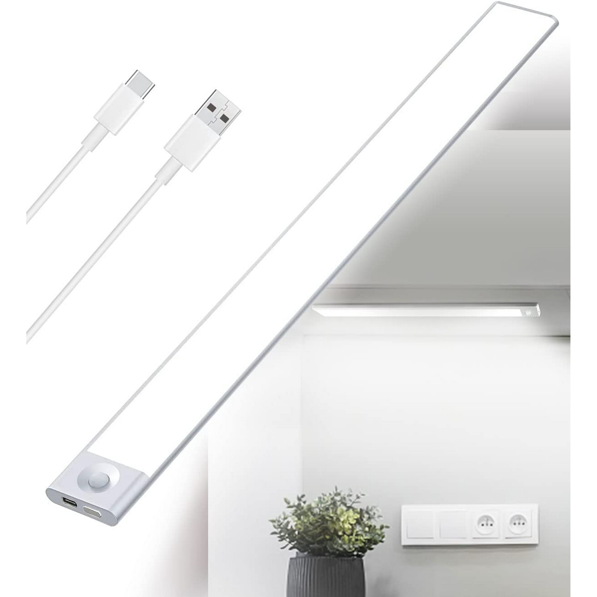 Regleta LED Bajo Mueble Cocina con Sensor, 40 cm Luz Armario 2 en 1  Recargable y