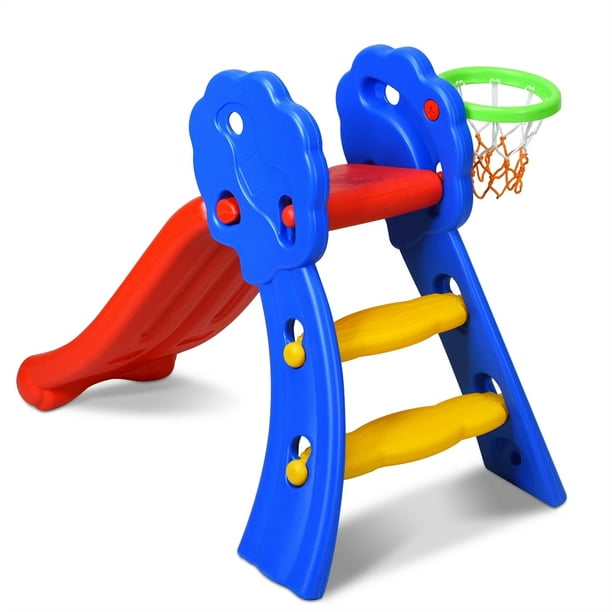 HOMCOM Tobogán Infantil Plegable con Canasta de Baloncesto para Niños +18  Meses Modelo Ovni para Interiores y Exteriores 140x87x75 cm Azul y Gris