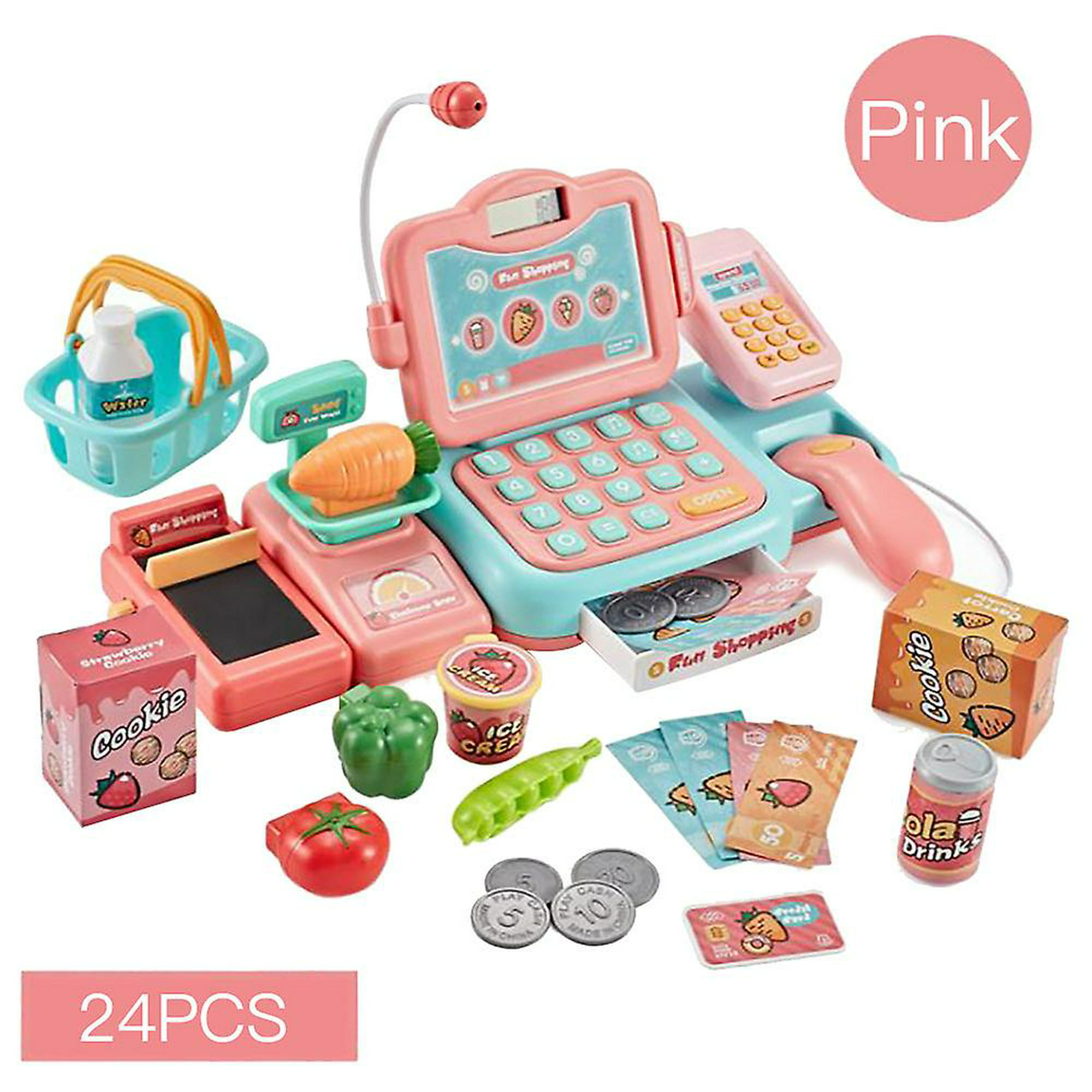  Mundo Toys Caja registradora para niños, juego de calculadora  de juego de simulación con 25 accesorios, incluye escáner realista, sonido,  micrófono, crédito de simulación, rosa : Juguetes y Juegos