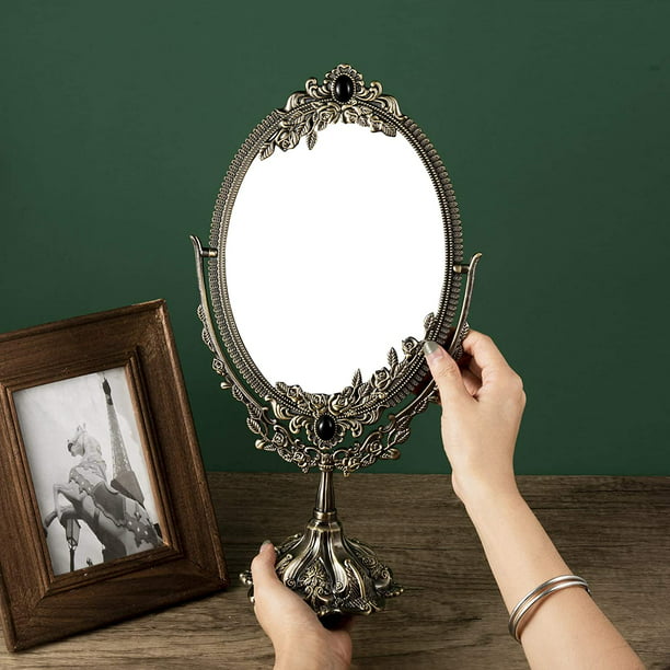 Espejo de maquillaje Vintage, espejo de tocador ovalado de mesa con Base,  espejo elegante decorativo giratorio de doble cara para exhibición de  mostrador Fokelyi ZH-401