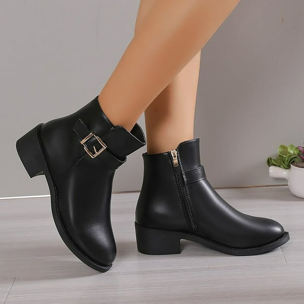 NECHOLOGY Botas Mujer Zapatos Botines para mujer Botas cl sicas simples para mujer color negro liso hebilla de cintur n tac n grueso cremallera