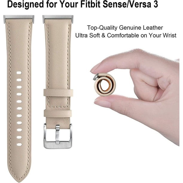 Bandas de cuero compatibles con Fitbit Versa 3/Fitbit Sense, pulsera de  repuesto de cuero genuino de grano superior para mujeres y hombres, color  beige