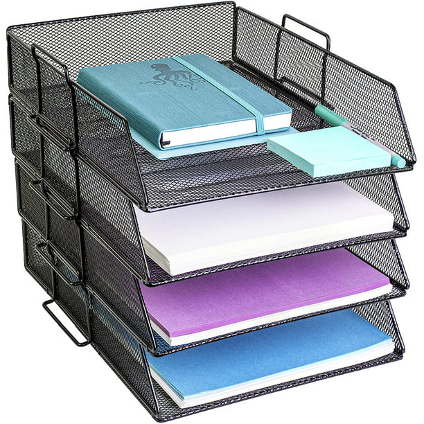 Paquete de 4 niveles, bandeja apilable, organizador de escritorio de oficina,  archivo y soporte de escritorio para accesorios de letras de papel, paquete  de descuento negro Zhivalor CZBG-ST64