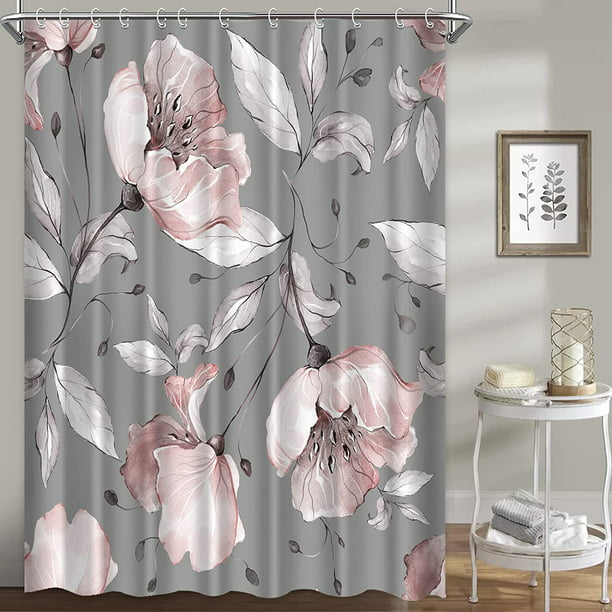 Cortinas de ducha florales para baño, juego de cortinas de ducha con flores  rosas, grises y rosas, tela de fondo azul, impermeable, lavable, 72 × 72  Zhivalor Accesorios de Baño