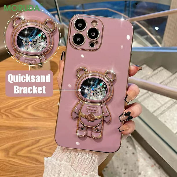 Protector iPhone 13/14 con soporte astronauta color rosa - en