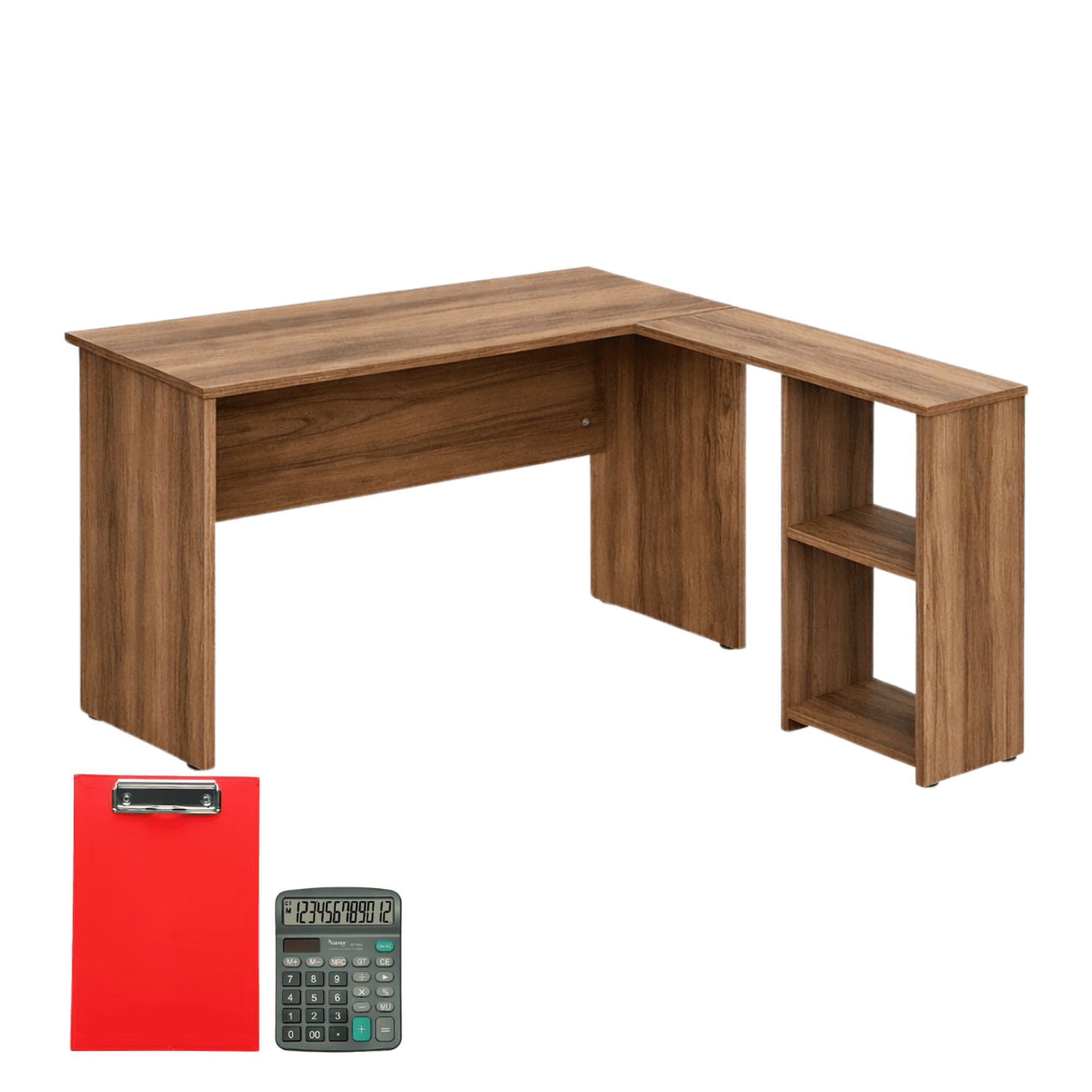 Escritorio esquinero (L) isto para ti homeoffice estudiantil color nogal material mdp. incluye tabla porta papel y calculadora