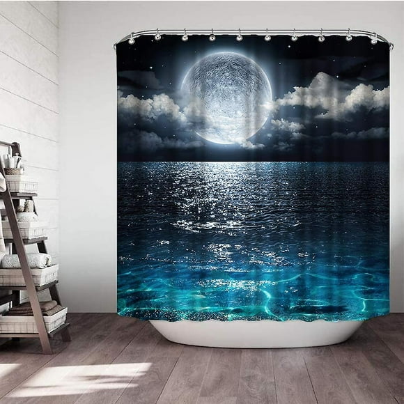 cortina de ducha luna llena sobre el océano paisaje cortina de ducha cortina de ducha de tela impermeable para decoración de baño set con ganchos 180180 cm yongsheng 8390606945976