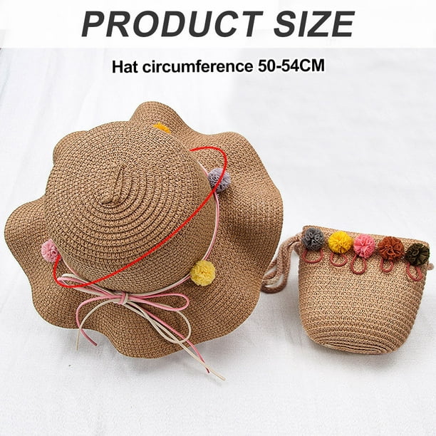 Sombrero de paja protector solar para niños con circunferencia de la cabeza  de 50-54 cm y conjunto de bolso de paja, linda decoración de bolas de piel,  sombrero para el sol de