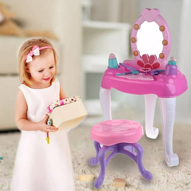 Juego de tocador de maquillaje para niñas con espejo y taburete (tocador  con espejo)