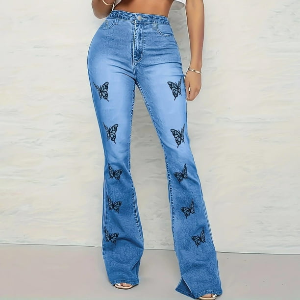 Gibobby Jeans Pantalones de mujer Vaqueros de pierna acampanada de cintura  alta para mujer, pantalones ajustados de Color sólido(Azul,XL)