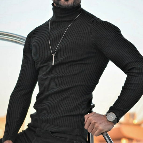 Gibobby Suéter cuello alto hombre Suéter de cuello alto para hombre, ajuste  delgado, casual, tela acanalado, suéter térmico(Negro,G)