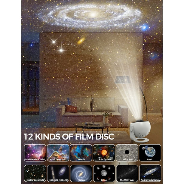 Proyector de galaxia planetario 12 en 1 – Proyector de estrellas para  dormitorio – Lámpara de proyector de nebulosa giratoria de 360°, proyector  de