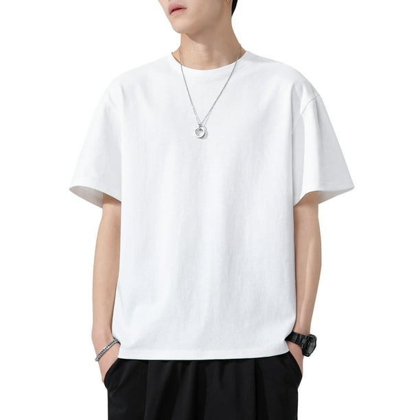 Camisetas blancas para hombre, cuello redondo de manga corta, algodón  transpirable, ajuste clásico y cómodo, Blanco