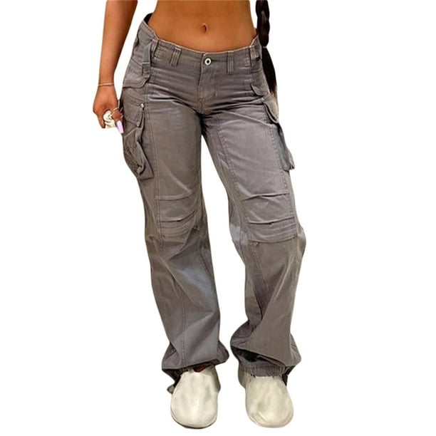 Pantalones cargo sólidos casuales para mujer, cintura alta, botón