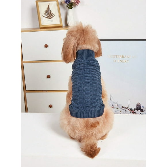 1pc purple pet sweater with knitted turndown collar high elasticity grid design classic solid color autumn and winter