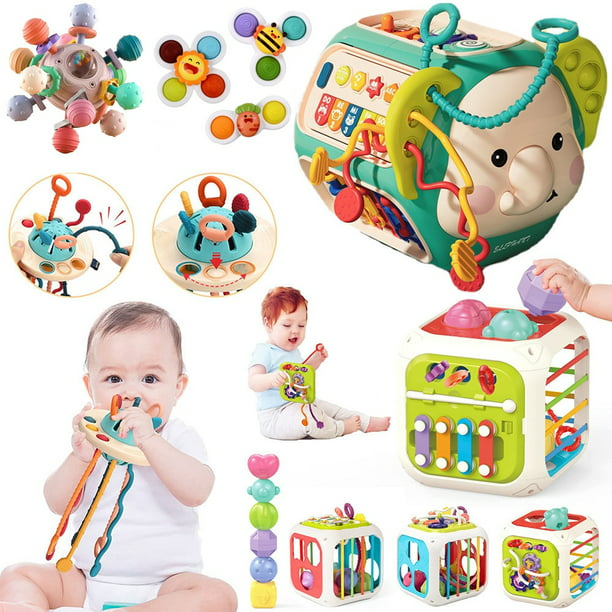 Juguetes para bebés de 6 a 12 meses, juguetes Montessori 5 en 1 para niños  de 1 año, incluye juguete de cuerda de viaje y clasificador de formas y