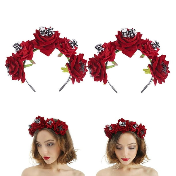 2x diadema , flores rosas, corona de , diadema para disfraz de Halloween,  sombreros Macarena diademas de flores de halloween