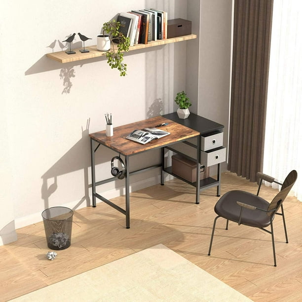 Mesa de madera maciza con soporte de metal con estante de almacenamiento,  oficina en casa, dormitorio, mesa de computadora, escritorio, muebles de