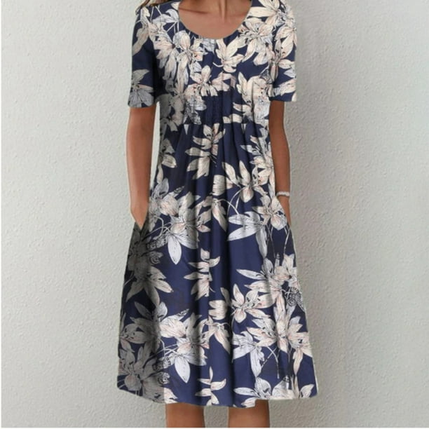 Vestido De Mujer Vestidos casuales florales Vestido plisado de dama de verano suave para fiesta (Azul marino XXL) Cgtredaw Para | Walmart en línea