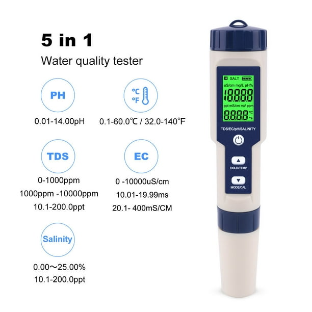 Comprar Probador de calidad del agua 4 en 1, medidor de  pH/EC/TDS/temperatura, apagado automático a prueba de agua IP55