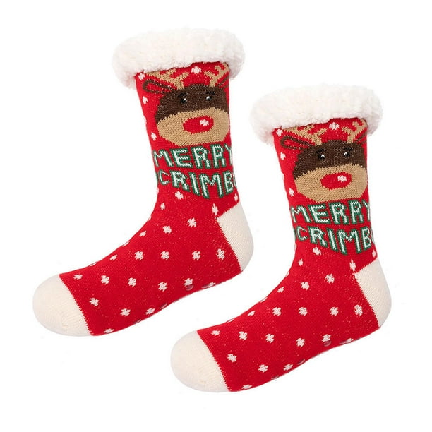 D Calcetines navideños con forro borroso para mujer, medias antideslizantes  con dibujos animados de Papá Noel y muñeco de nieve